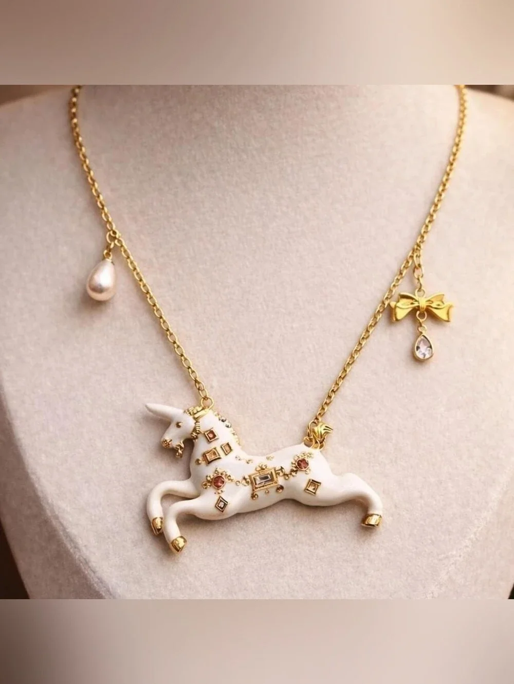 Coquette Unicorn Charm Necklace – Gold Tone